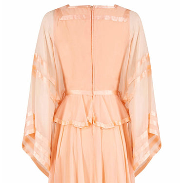 1970s Jean Varon Peach Chiffon Dress With Ribbon Trim