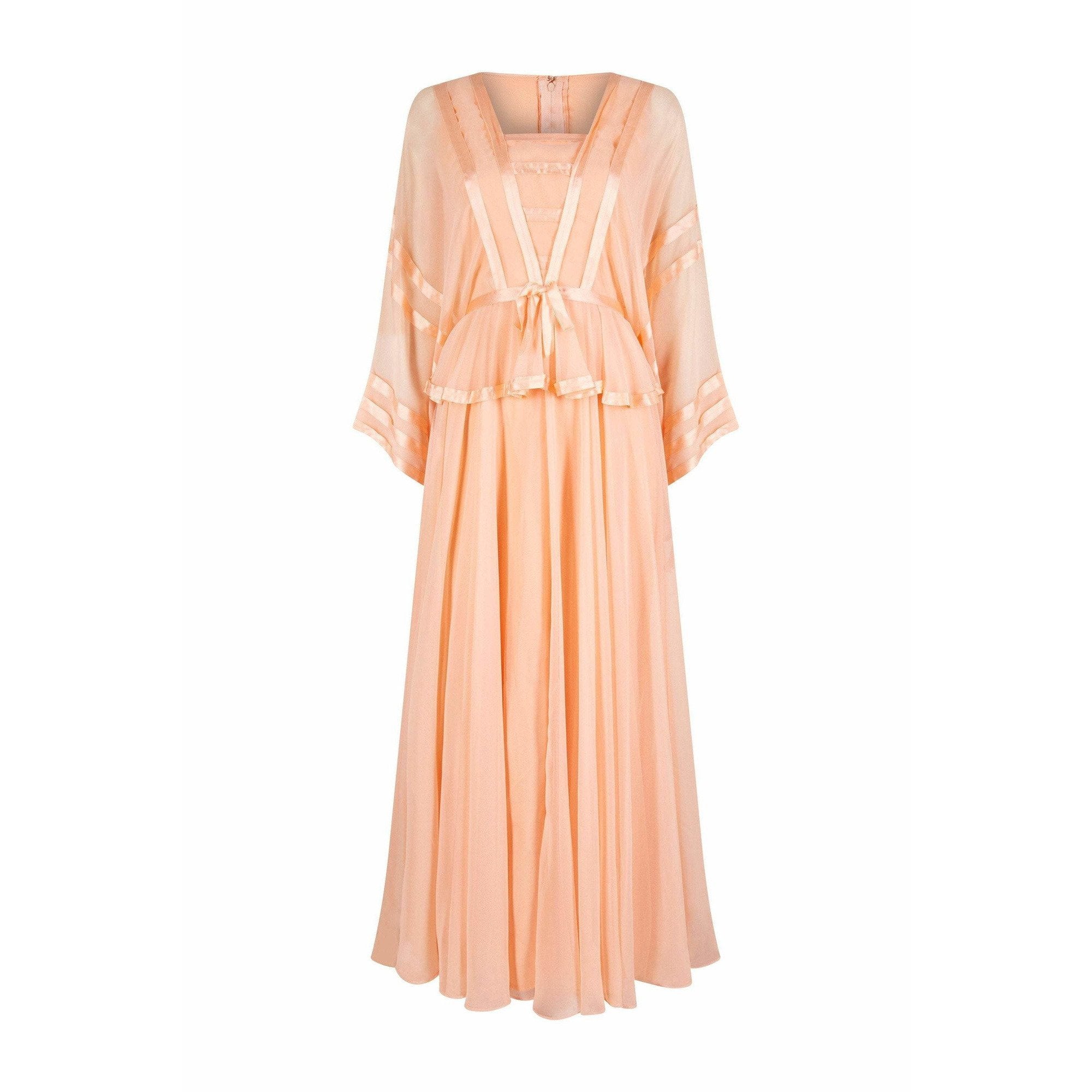 1970s Jean Varon Peach Chiffon Dress With Ribbon Trim