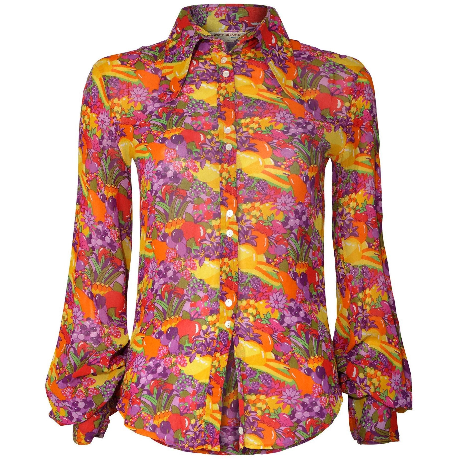 1970s Jeff Banks Colourful Floral and Fruit Print Shirt