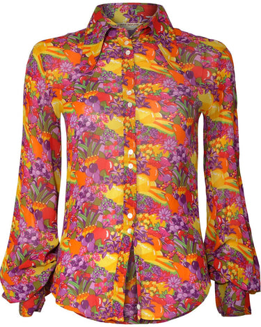 1970s Jeff Banks Colourful Floral and Fruit Print Shirt