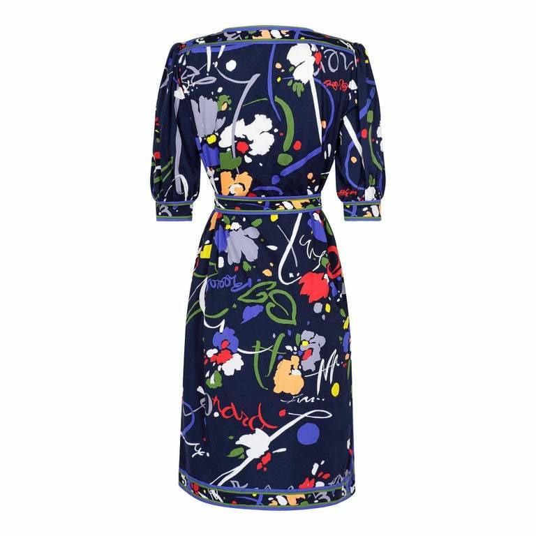 1970s Leonard Poly Jersey Abstract Print Floral Dress