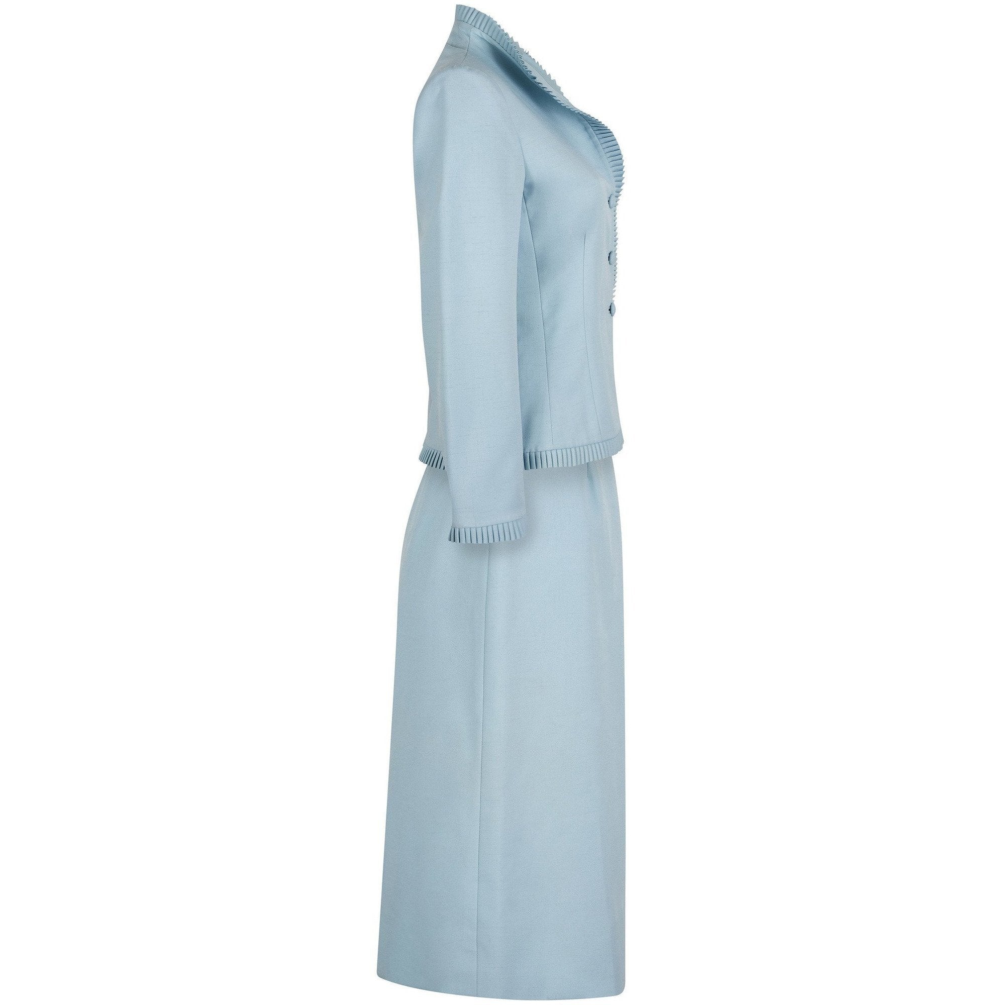 1970s Lilli Ann By Adolph Schuman Eggshell Blue Skirt Suit With Ruffle Trim