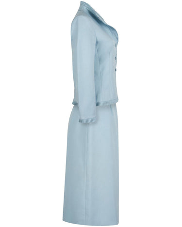 1970s Lilli Ann By Adolph Schuman Eggshell Blue Skirt Suit With Ruffle Trim