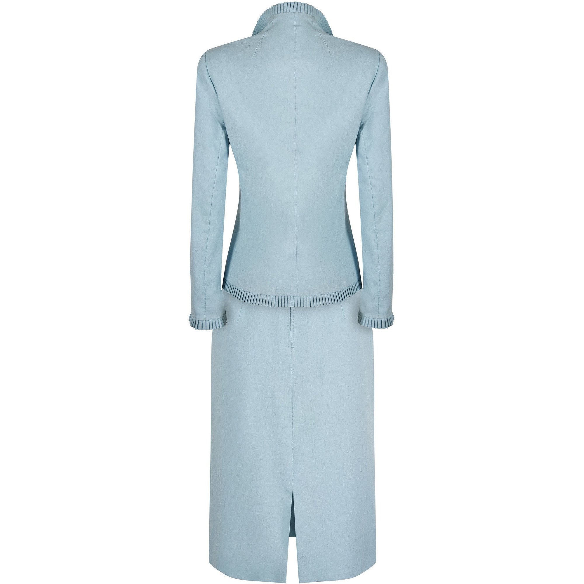 1970s Lilli Ann By Adolph Schuman Eggshell Blue Skirt Suit With Ruffle Trim