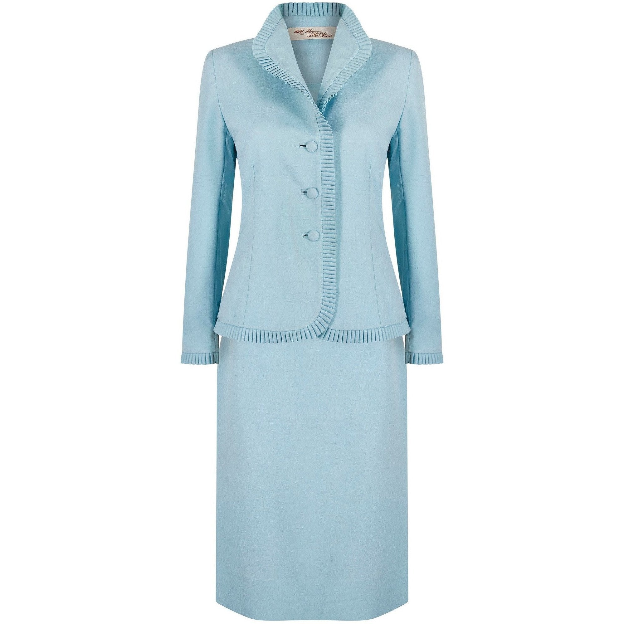 1970s Lilli Ann By Adolph Schuman Eggshell Blue Skirt Suit With Ruffle Trim