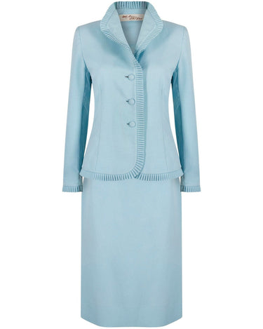 1970s Lilli Ann By Adolph Schuman Eggshell Blue Skirt Suit With Ruffle Trim