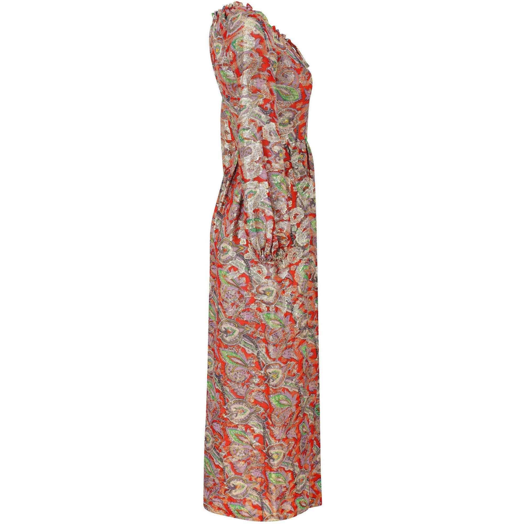 1970s Michael Modelle Gold Lamé Paisley Print Maxi Dress