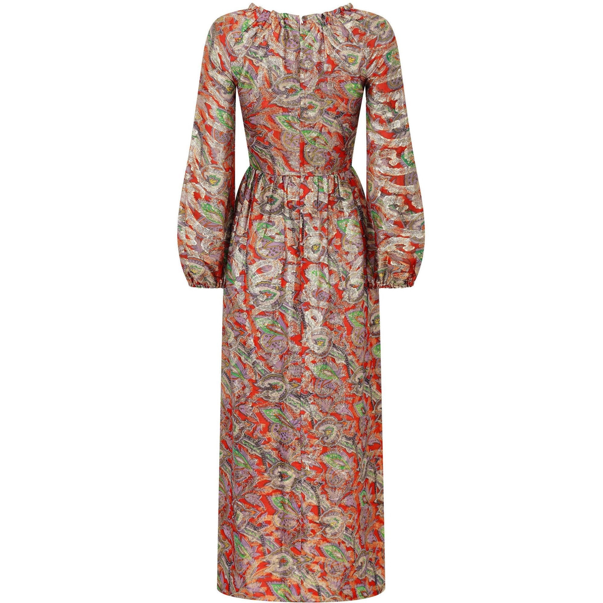 1970s Michael Modelle Gold Lamé Paisley Print Maxi Dress