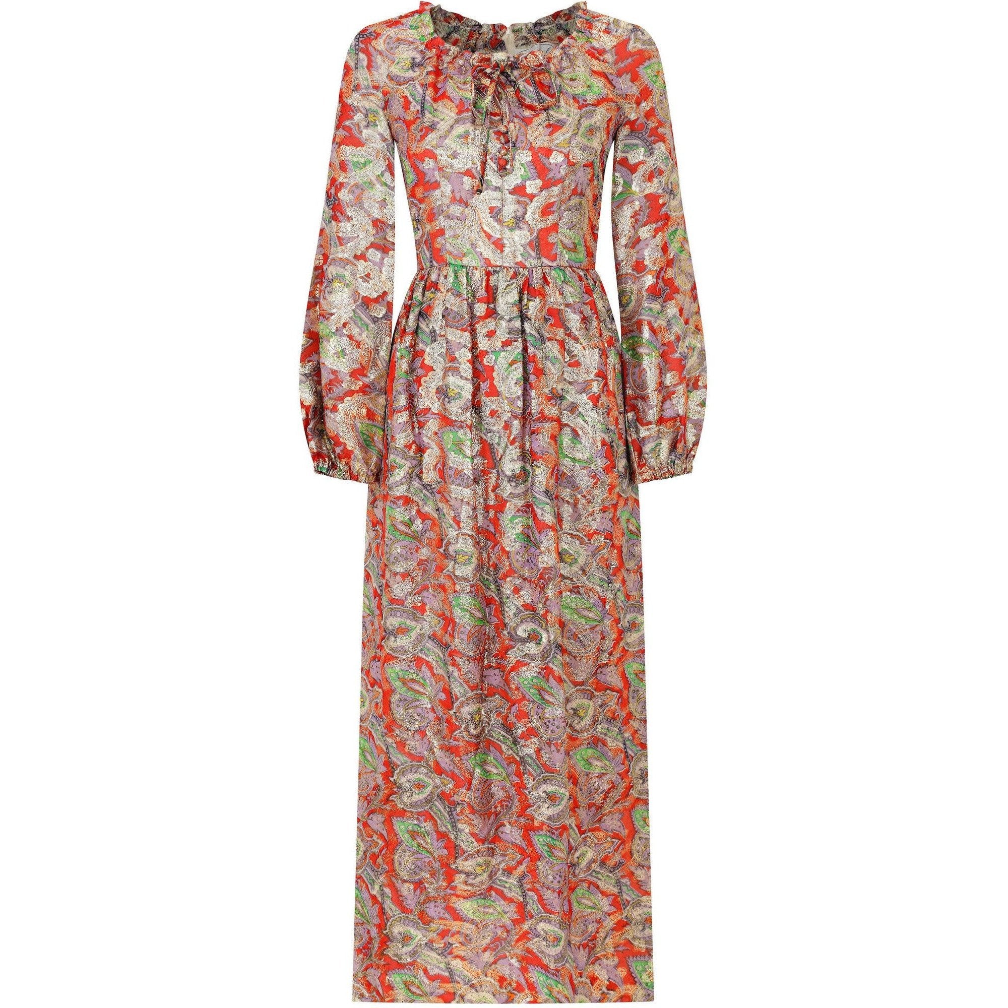 1970s Michael Modelle Gold Lamé Paisley Print Maxi Dress