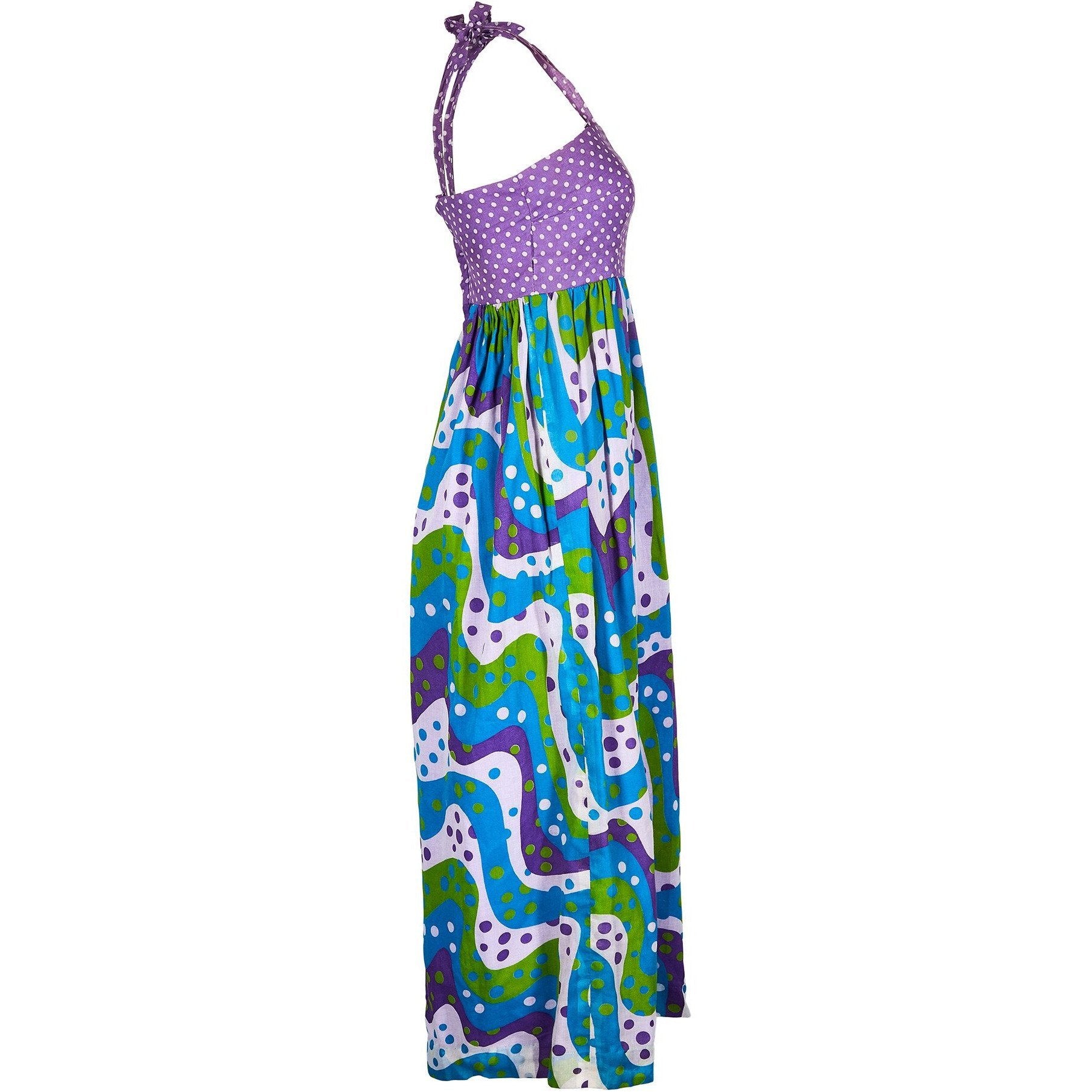 1970s Multi Coloured Polka Dot Maxi Dress