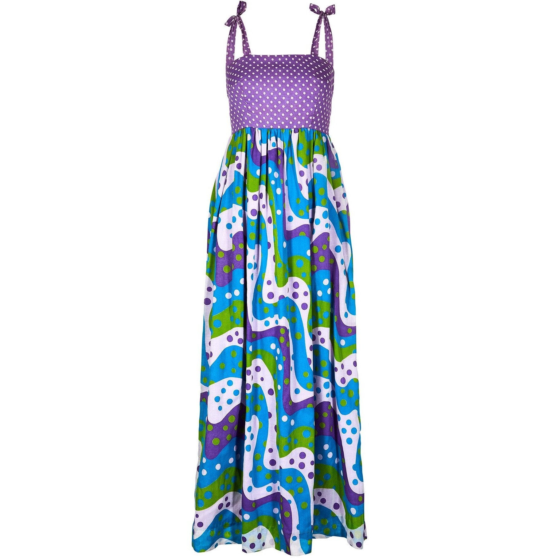 1970s Multi Coloured Polka Dot Maxi Dress