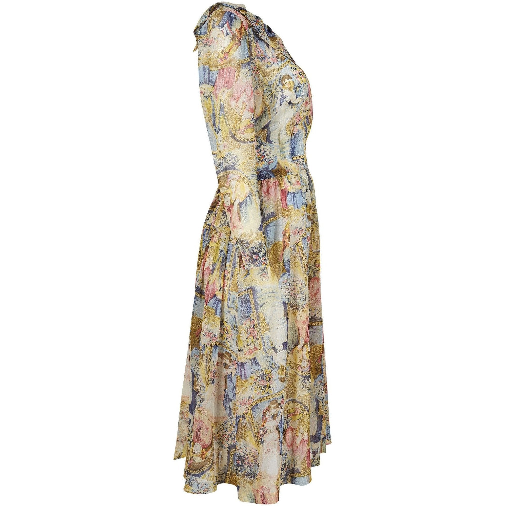 1970s Novelty Printed Chiffon Pastel Shade Dress With Sash Belt