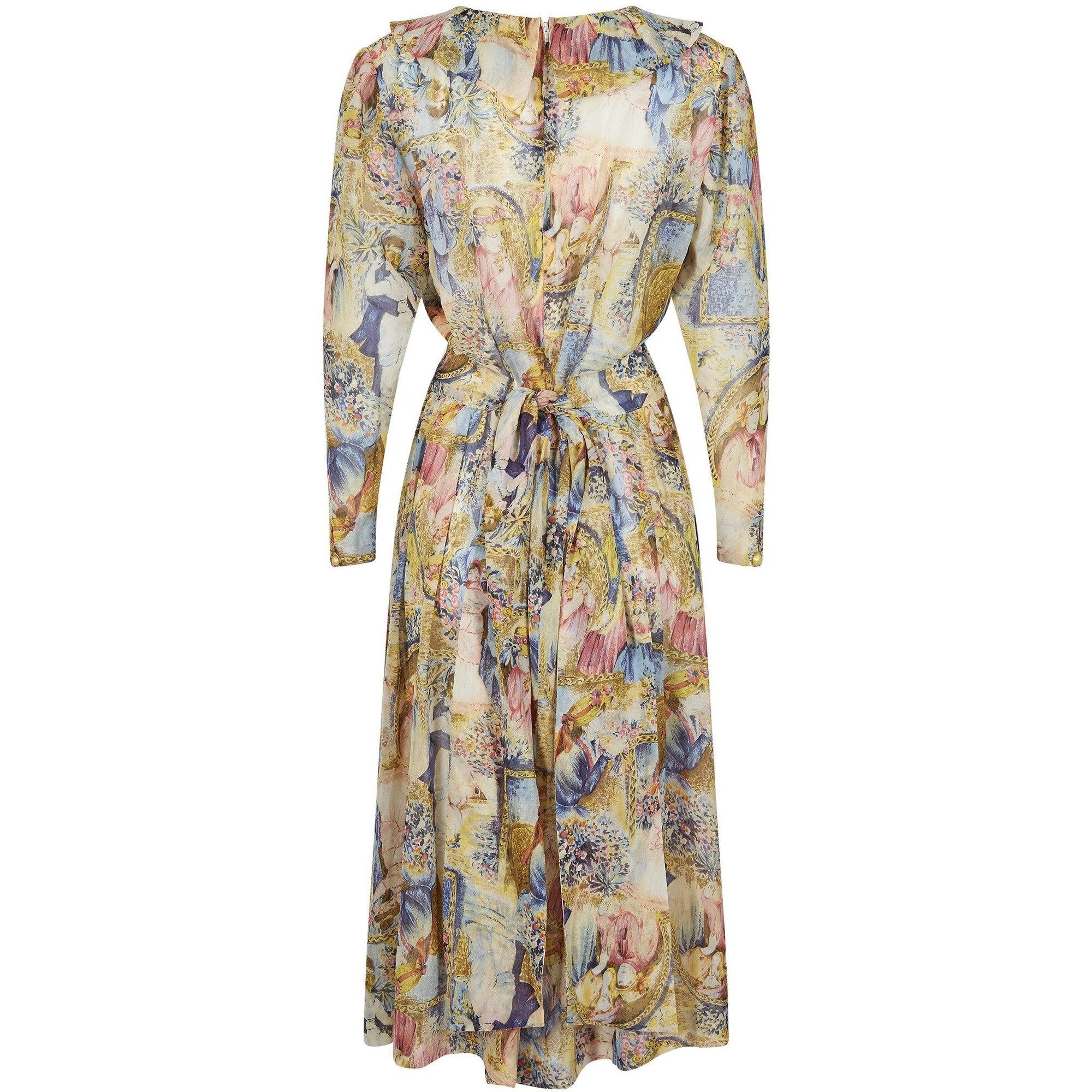 1970s Novelty Printed Chiffon Pastel Shade Dress With Sash Belt