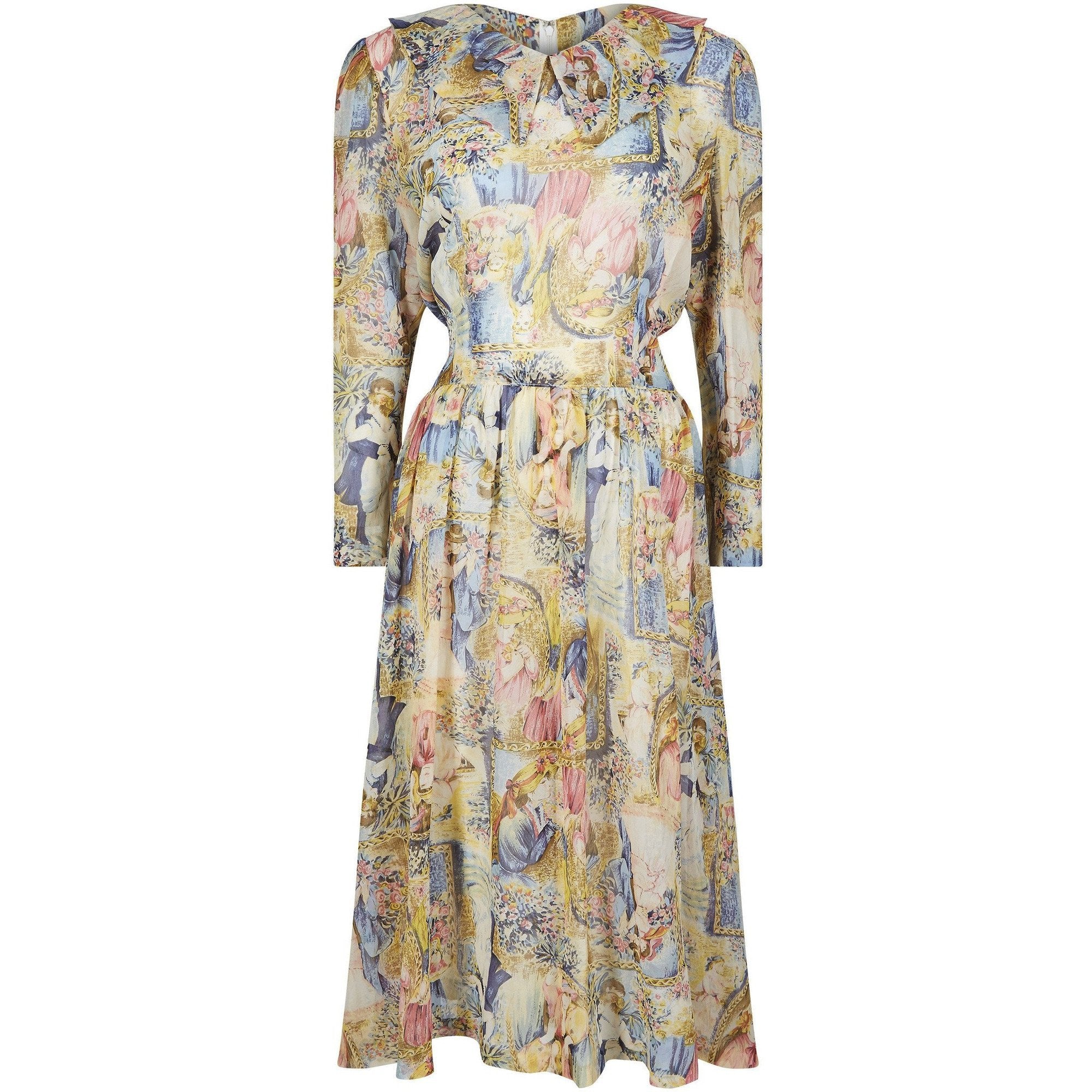 1970s Novelty Printed Chiffon Pastel Shade Dress With Sash Belt