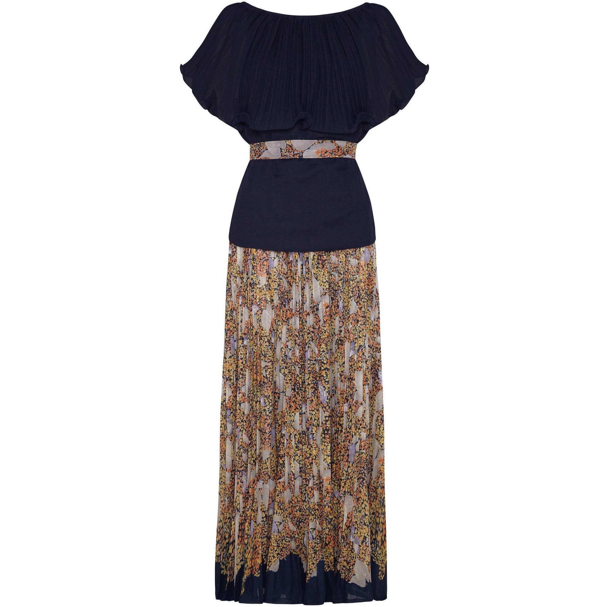 1970s Pleated Cotton Maxi Skirt and Navy Top Set