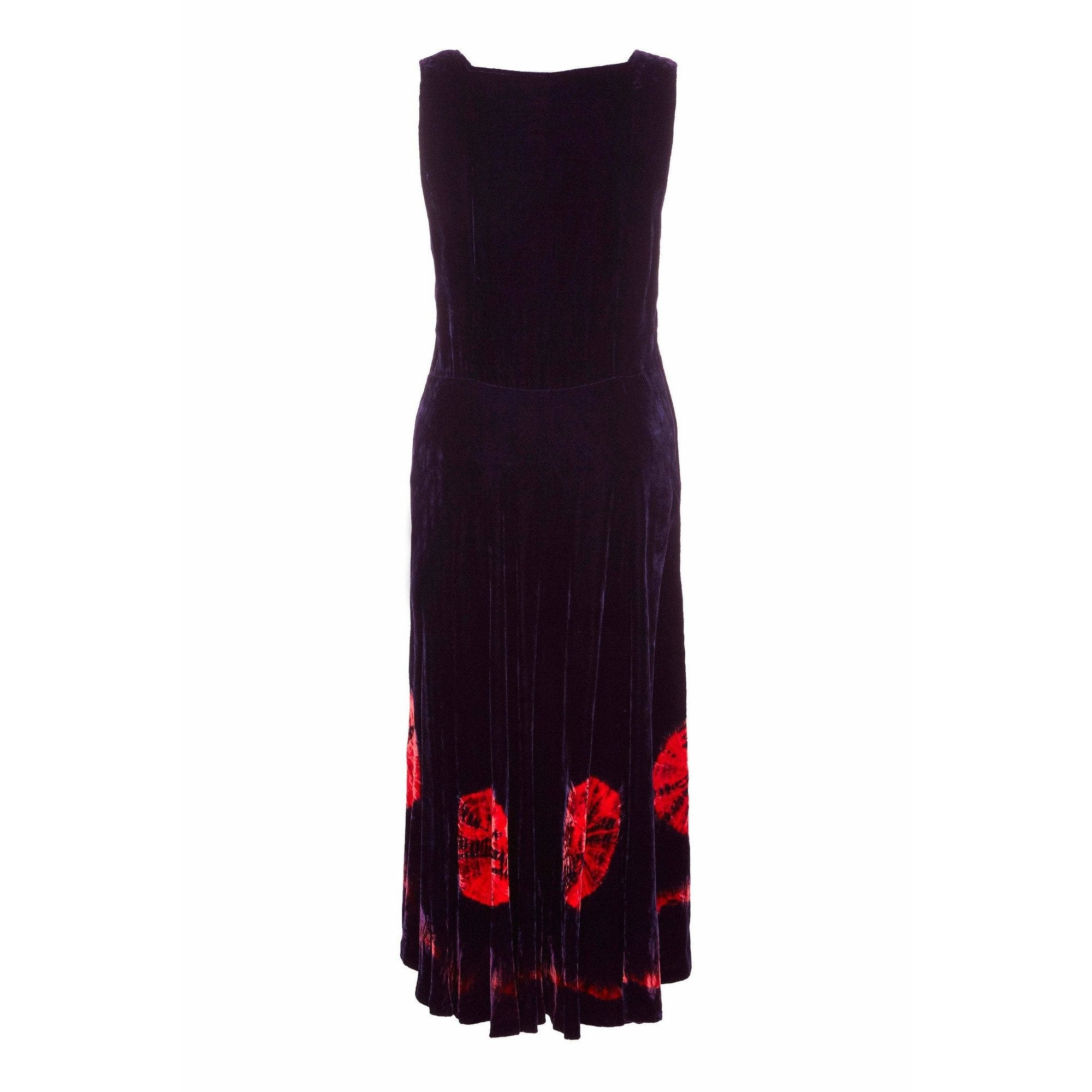 1970s Purple & Red Velvet Tie-Dye Dress