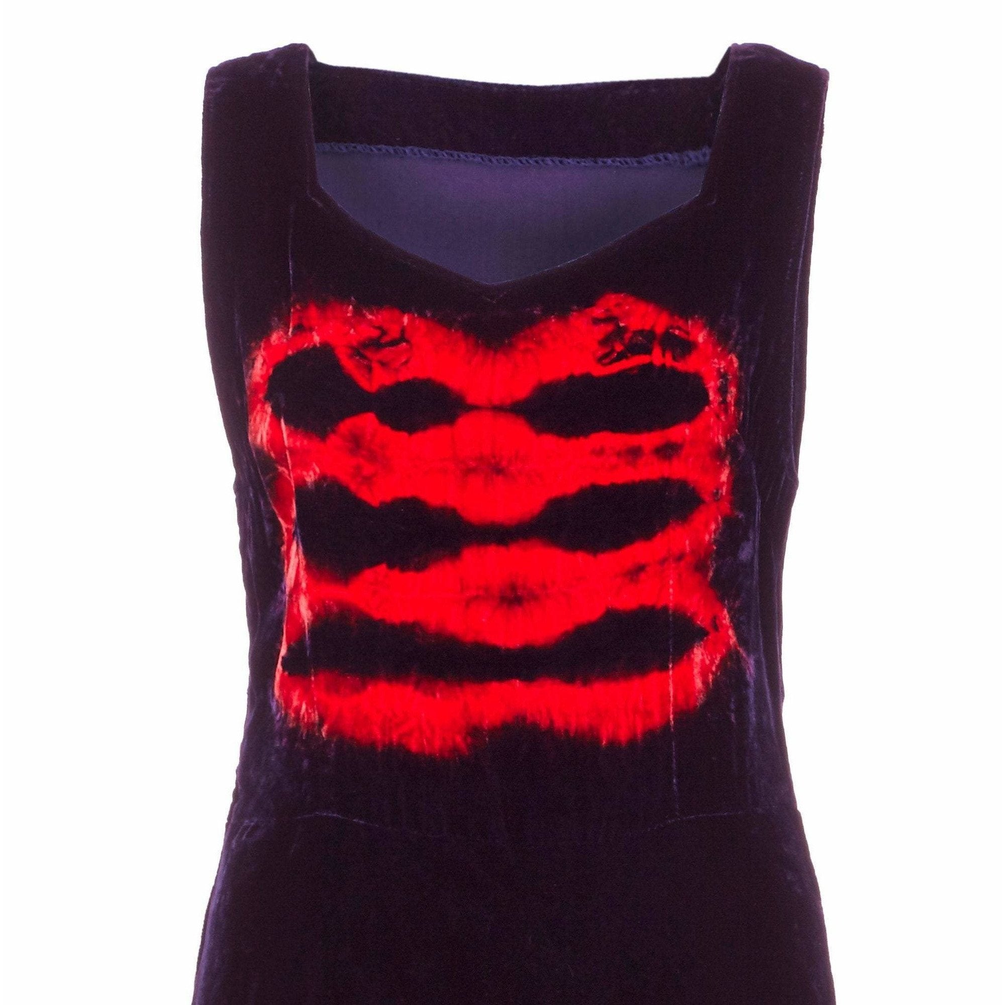 1970s Purple & Red Velvet Tie-Dye Dress