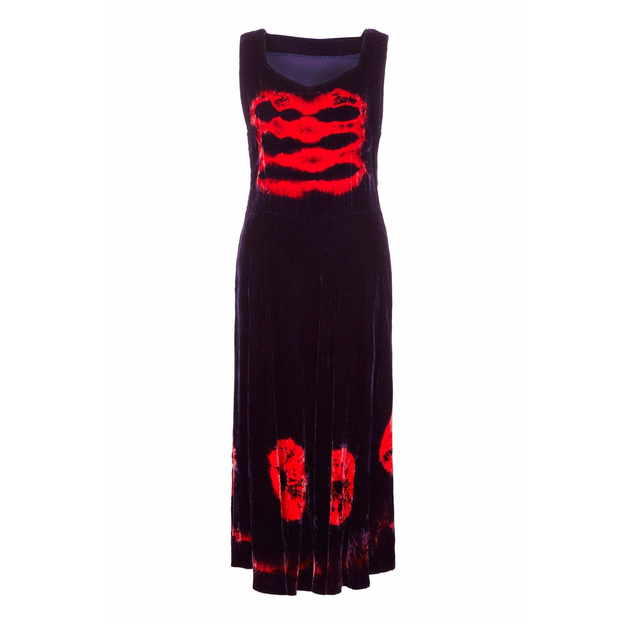 1970s Purple & Red Velvet Tie-Dye Dress