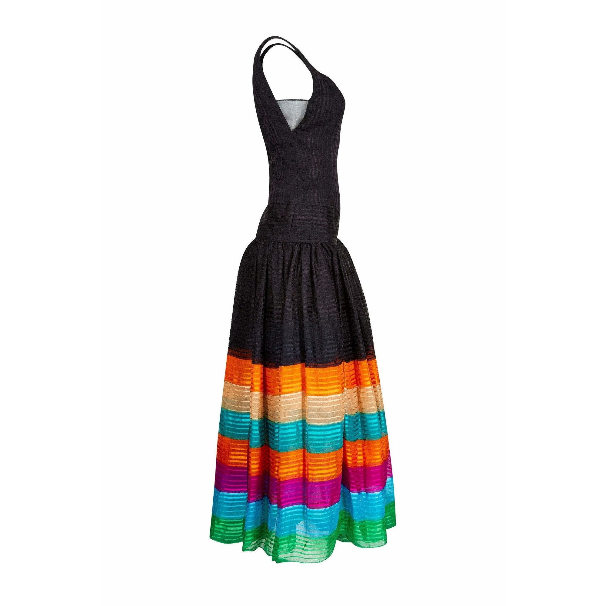 1970s Rainbow Silk Chiffon Tiered Haute Couture Maxi Dress