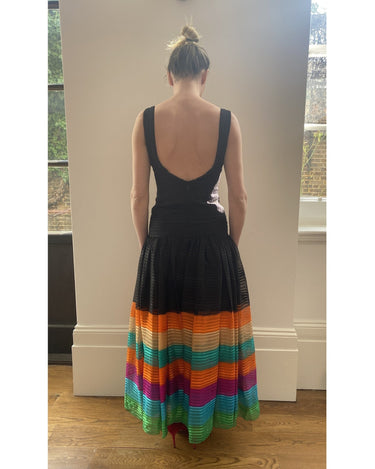 1970s Rainbow Silk Chiffon Tiered Haute Couture Maxi Dress