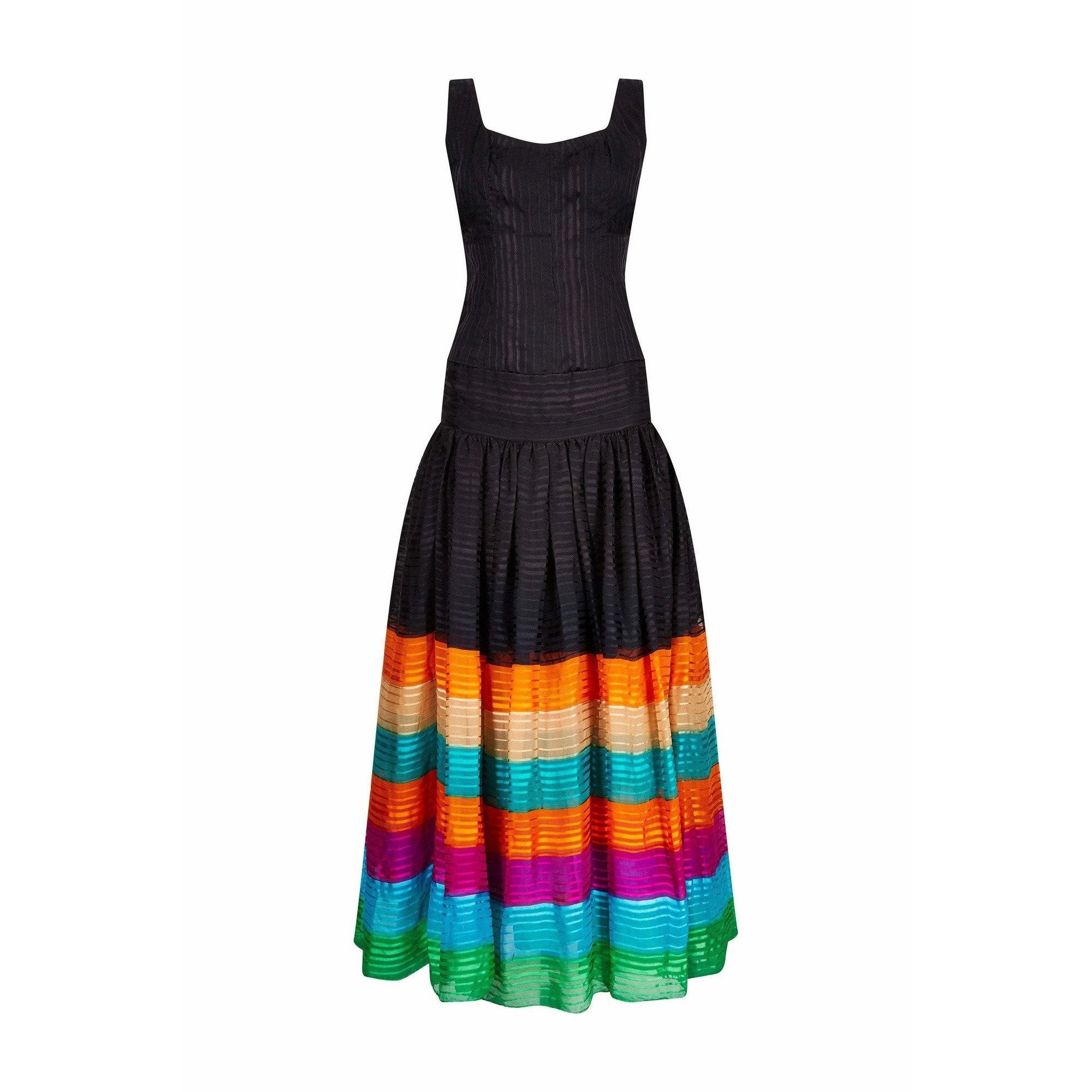 1970s Rainbow Silk Chiffon Tiered Haute Couture Maxi Dress