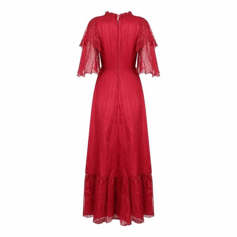 1970s Silk Chiffon Scarlet Red Victoriana Maxi Dress