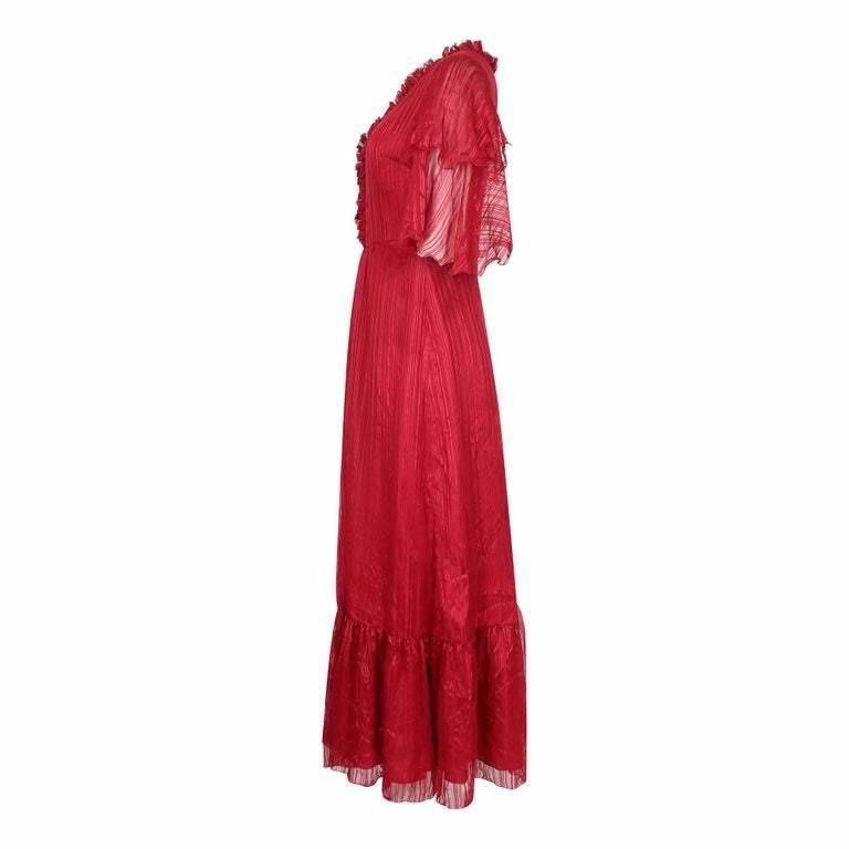 1970s Silk Chiffon Scarlet Red Victoriana Maxi Dress