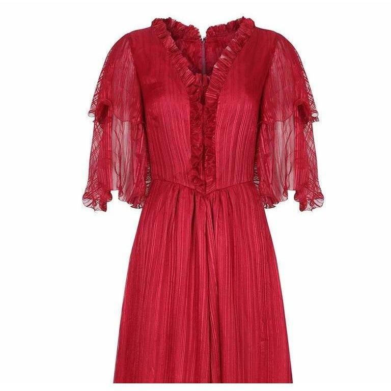 1970s Silk Chiffon Scarlet Red Victoriana Maxi Dress