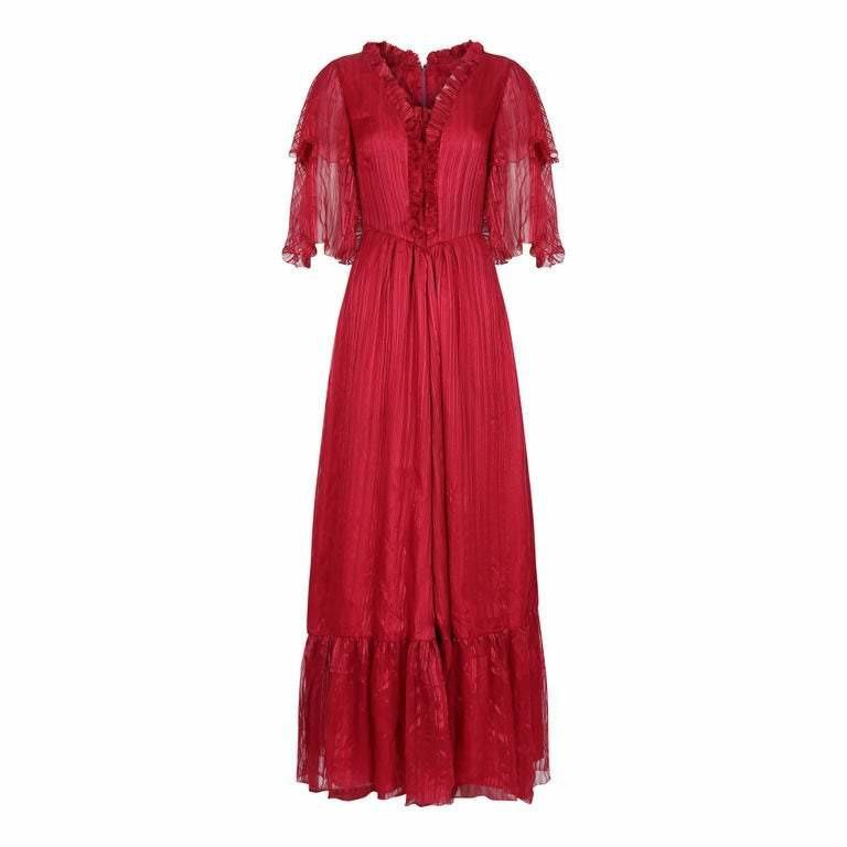 1970s Silk Chiffon Scarlet Red Victoriana Maxi Dress