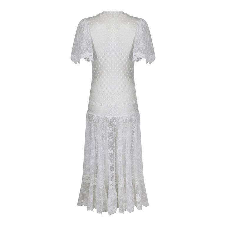 1970s Swiss Dot and Chantilly Lace Dropped Waist Dress