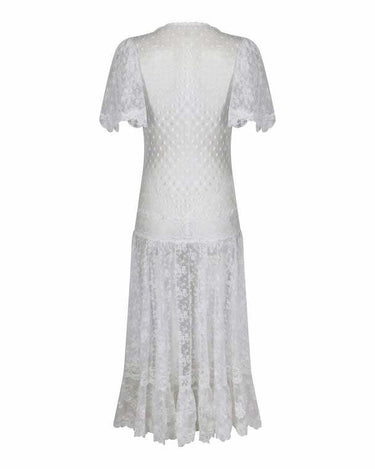 1970s Swiss Dot and Chantilly Lace Dropped Waist Dress