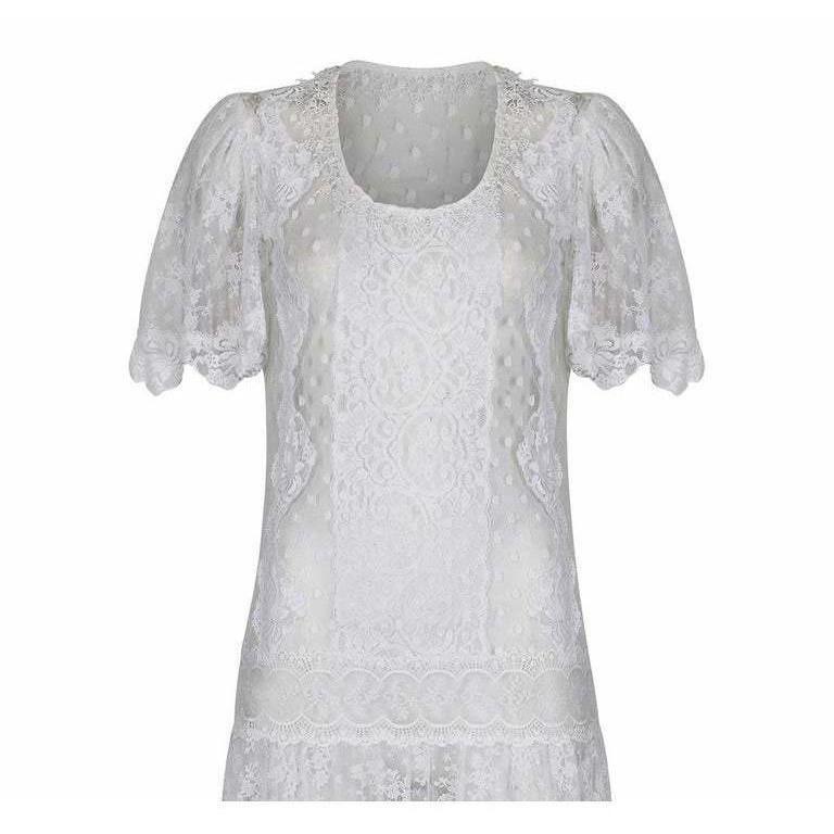 1970s Swiss Dot and Chantilly Lace Dropped Waist Dress