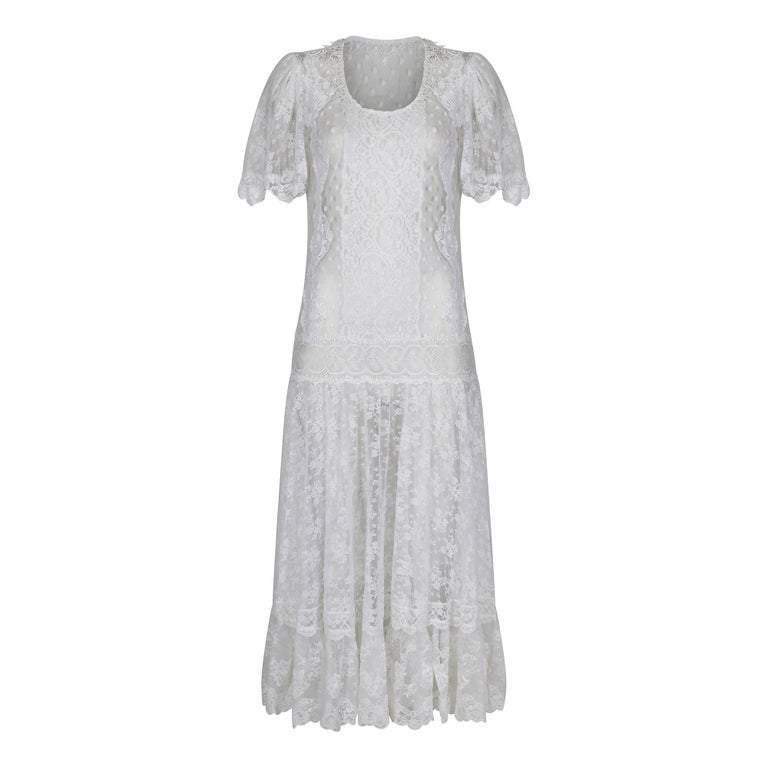 1970s Swiss Dot and Chantilly Lace Dropped Waist Dress