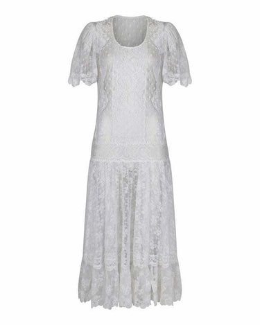 1970s Swiss Dot and Chantilly Lace Dropped Waist Dress