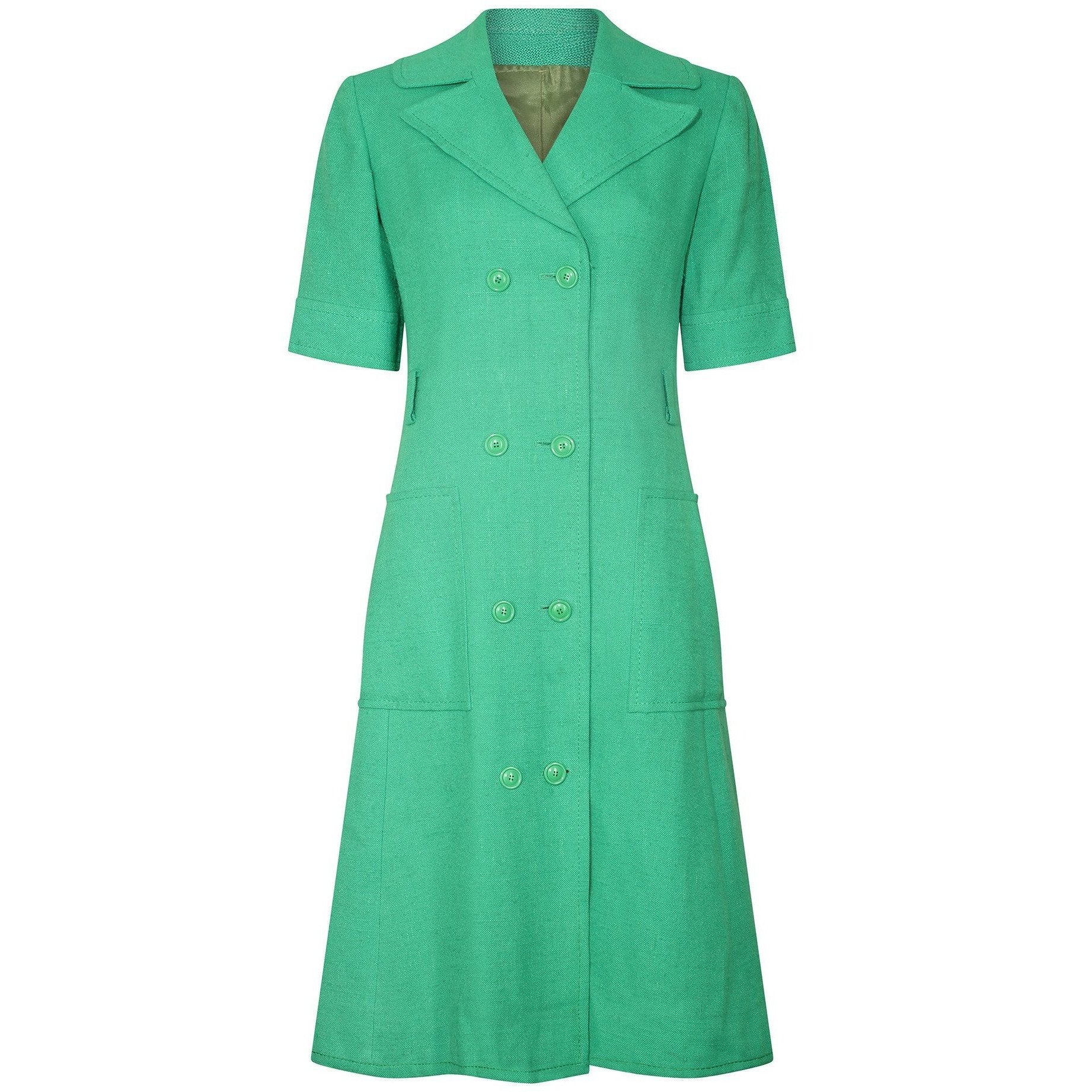 1970s Ted Lapidus Green Linen Double Breasted Shirt Dress