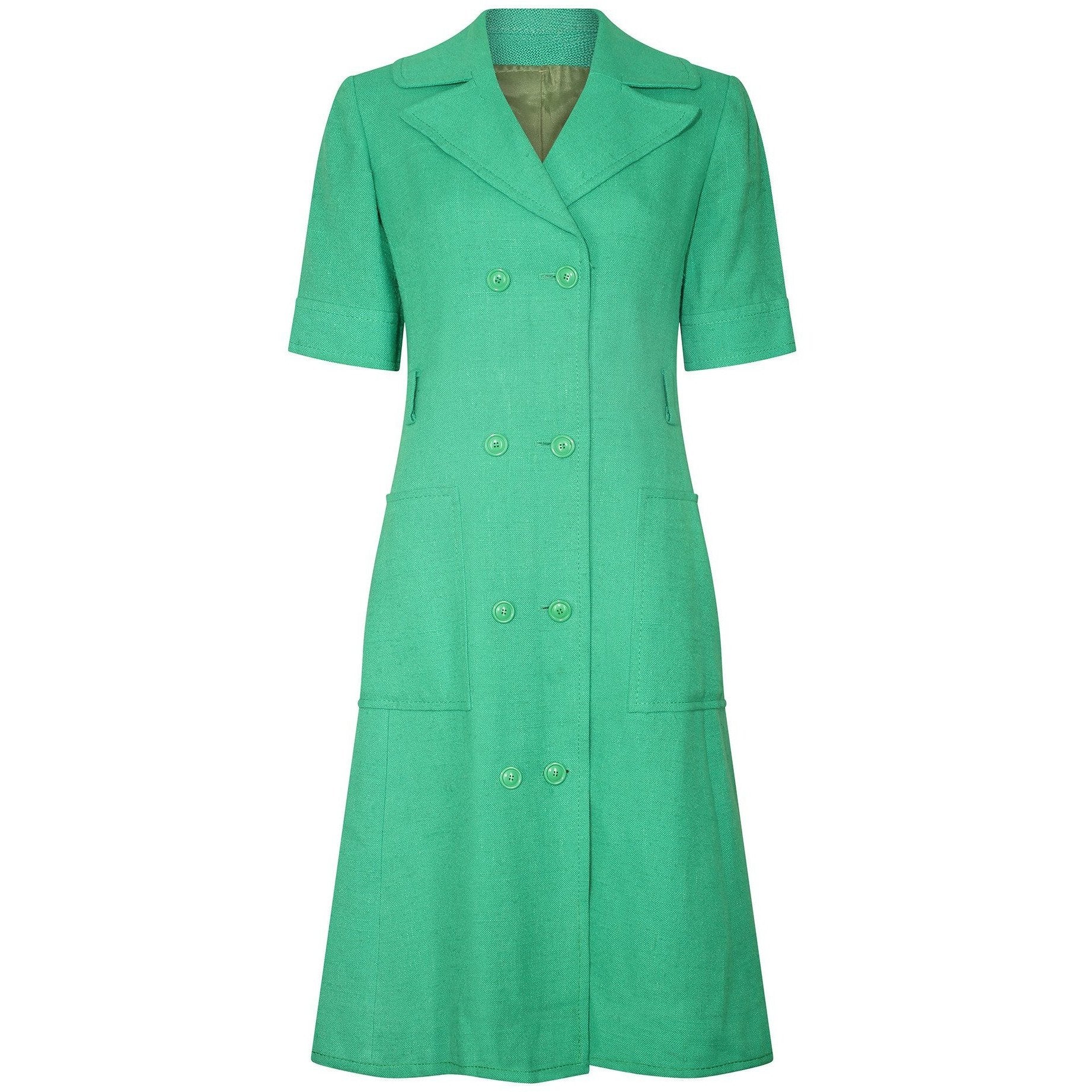 1970s Ted Lapidus Green Linen Double Breasted Shirt Dress