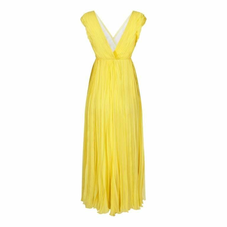 1970s Ted Lapidus Lemon Yellow Pleated Chiffon Dress