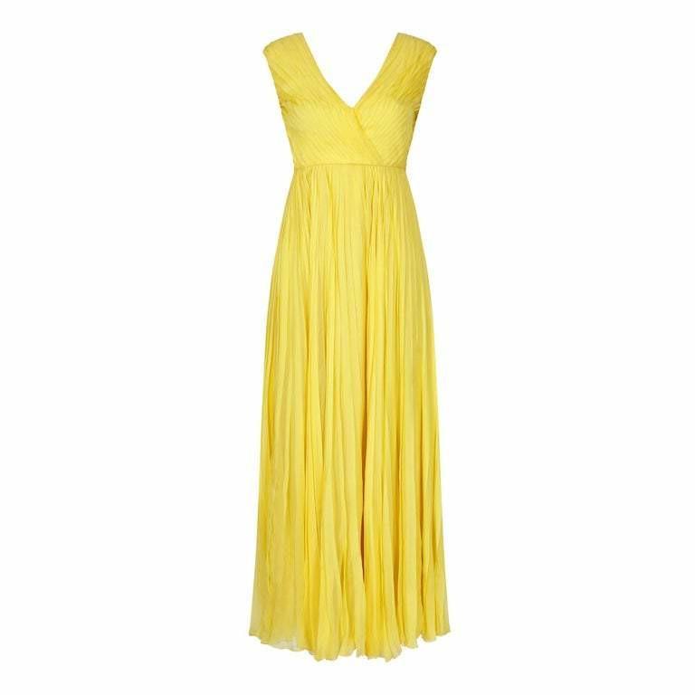 1970s Ted Lapidus Lemon Yellow Pleated Chiffon Dress