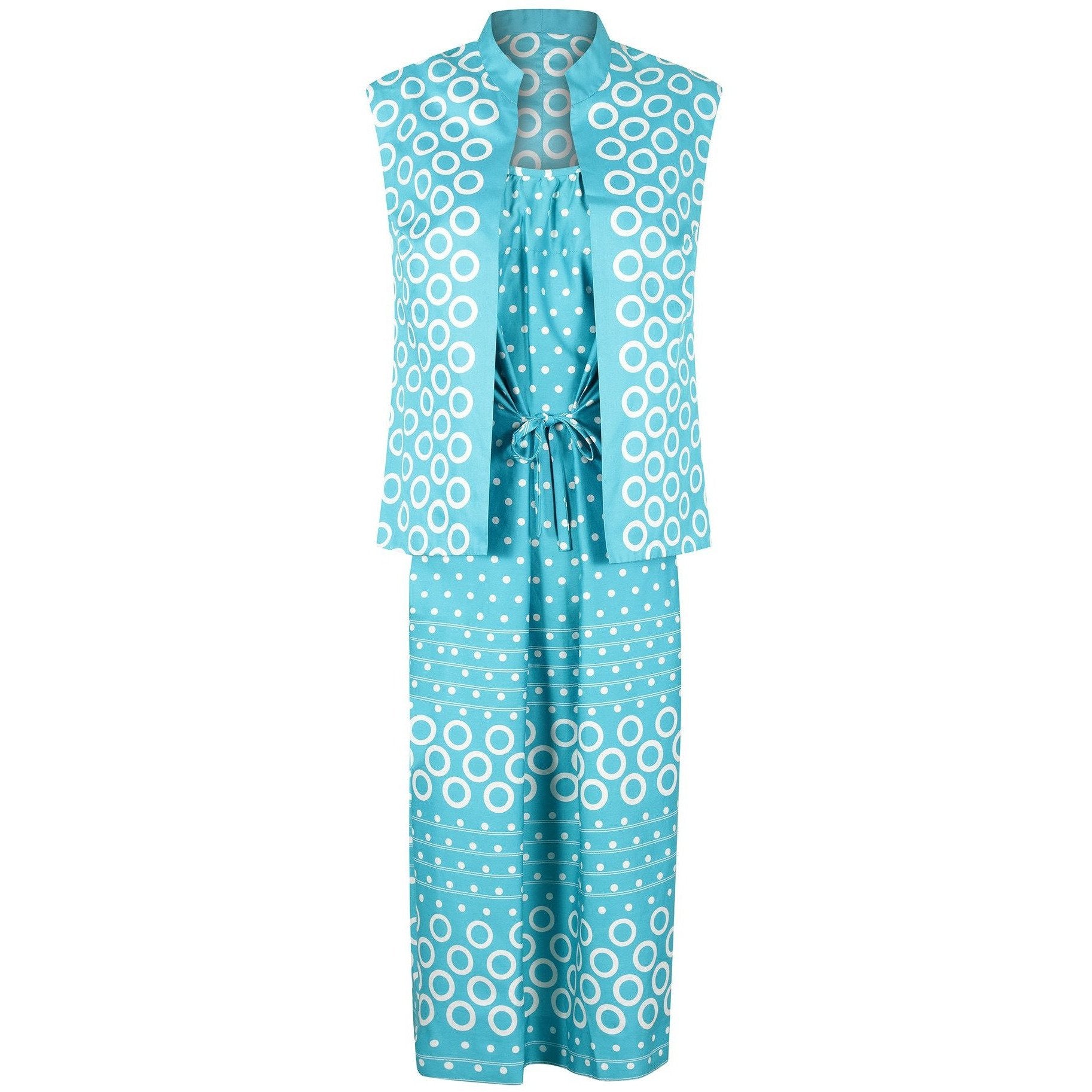 1970s Turquoise Polka Dot and Circle Print Dress with Sleeveless Jacket