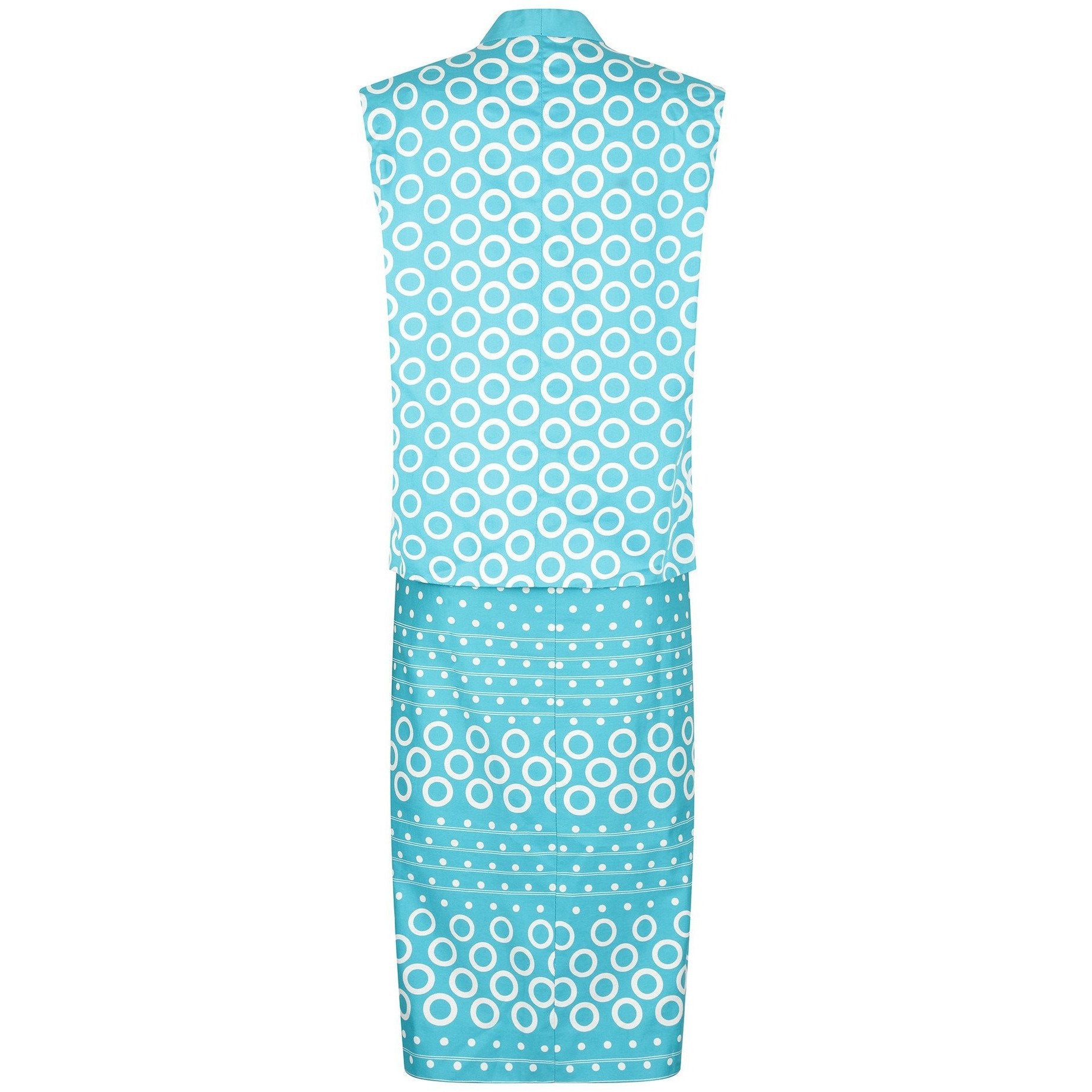 1970s Turquoise Polka Dot and Circle Print Dress with Sleeveless Jacket