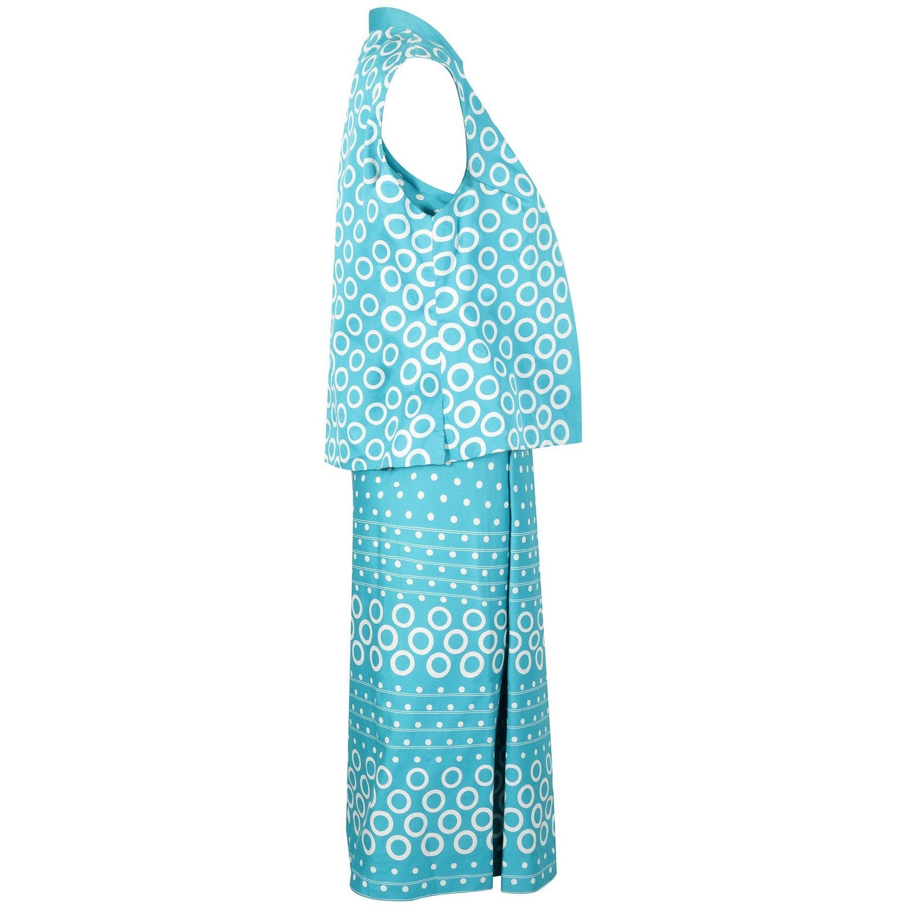 1970s Turquoise Polka Dot and Circle Print Dress with Sleeveless Jacket