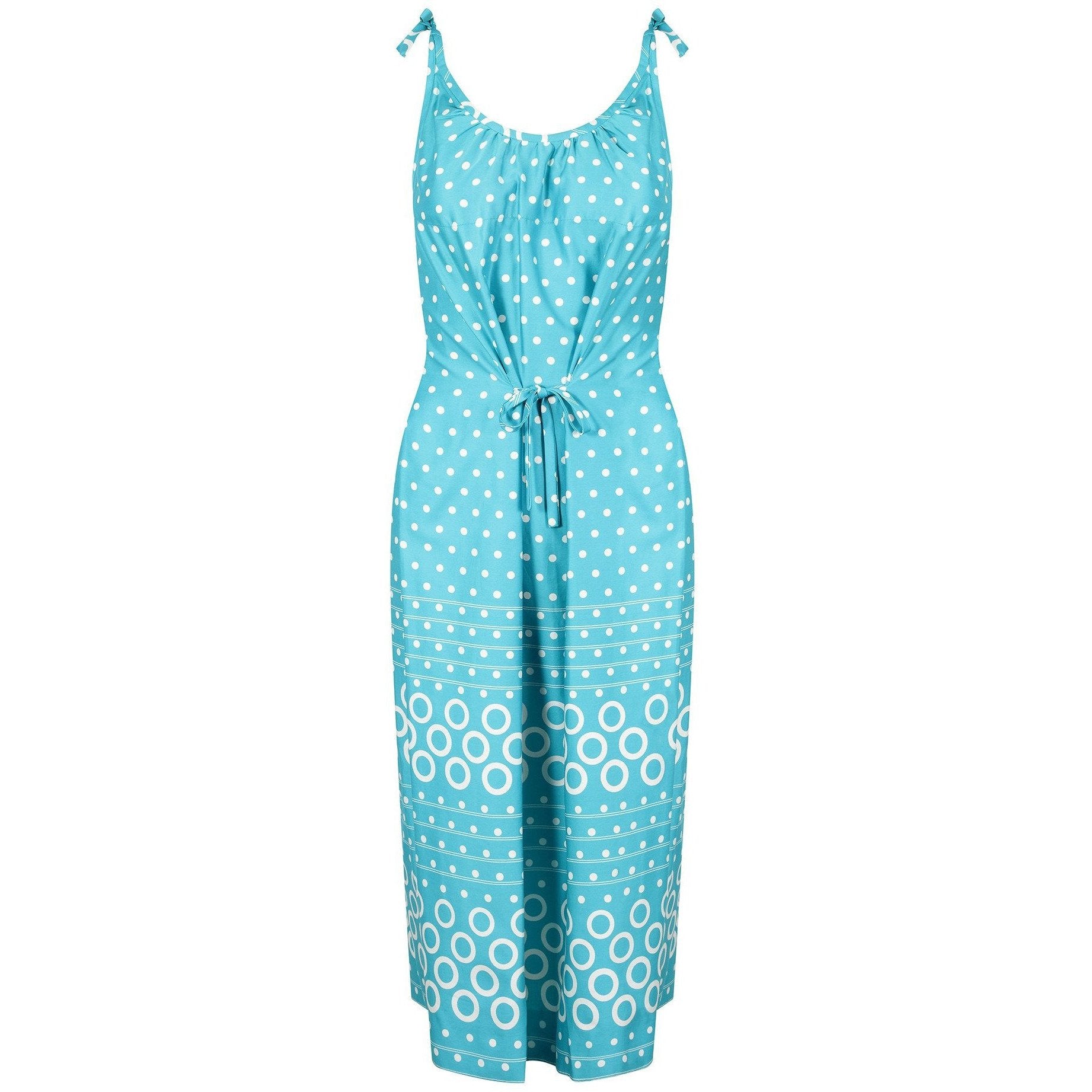 1970s Turquoise Polka Dot and Circle Print Dress with Sleeveless Jacket