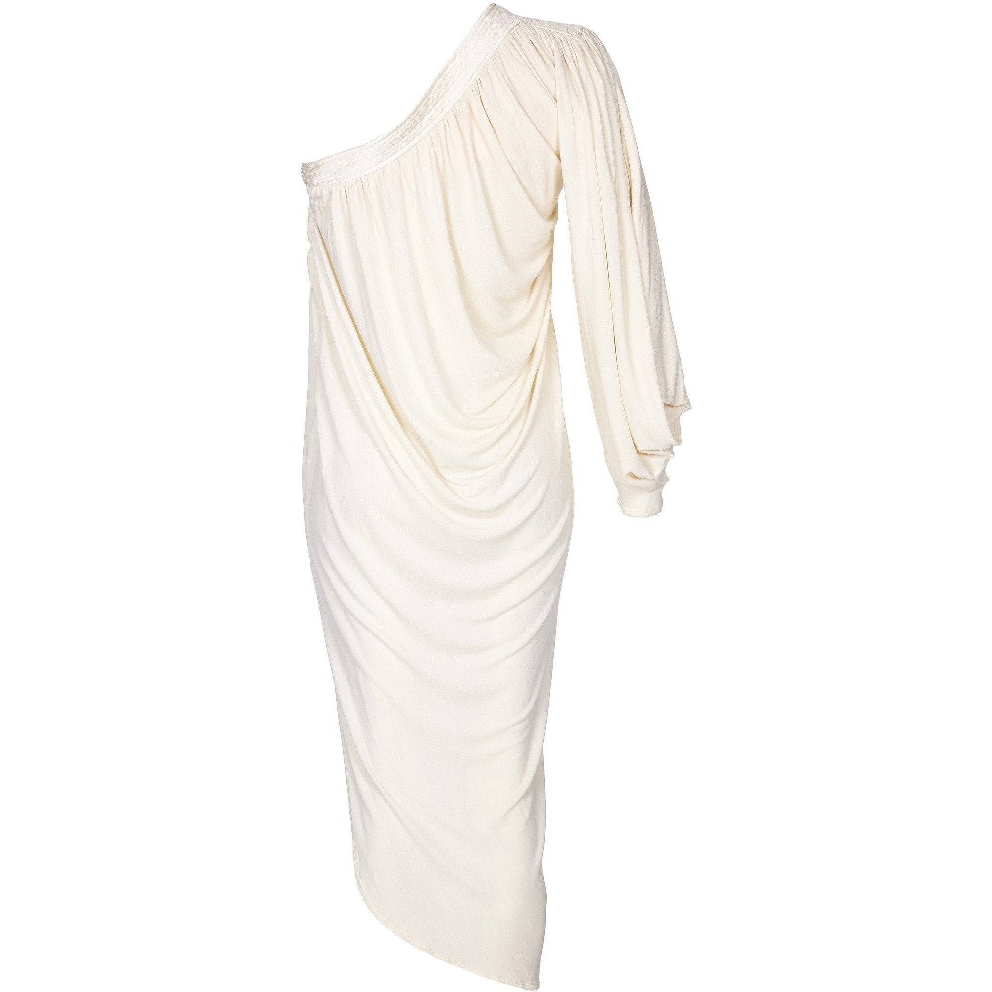 1970s Yuki Couture Asymmetrical Cream Silk Jersey Dress