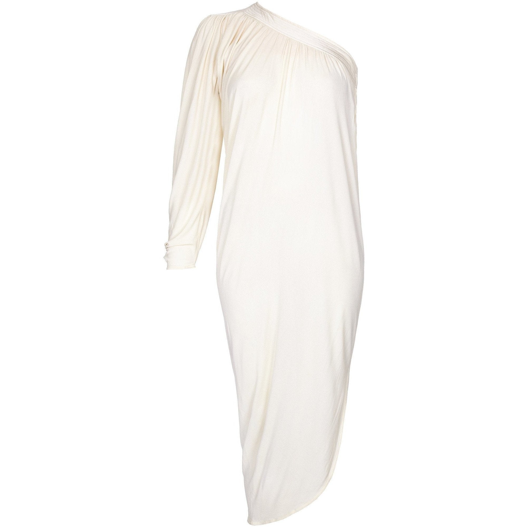 1970s Yuki Couture Asymmetrical Cream Silk Jersey Dress