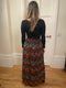 1970s Frank Usher Ribbed Jersey Maxi Dress With Aztec Print Skirt and Belt Tie