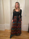 1970s Frank Usher Ribbed Jersey Maxi Dress With Aztec Print Skirt and Belt Tie
