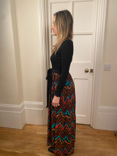 ARCHIVE - 1970s Frank Usher Ribbed Jersey Maxi Dress With Aztec Print Skirt and Belt Tie