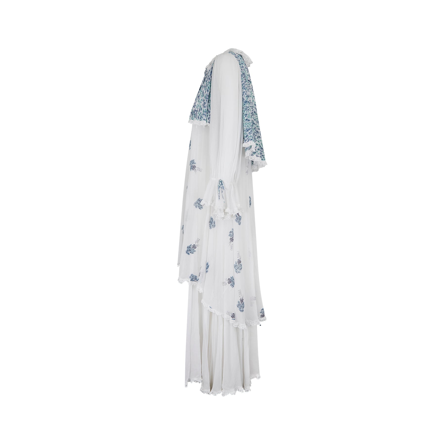 1970s Gina Fratini White and Blue Floral Cotton Maxi Dress