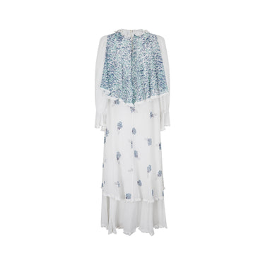 1970s Gina Fratini White and Blue Floral Cotton Maxi Dress
