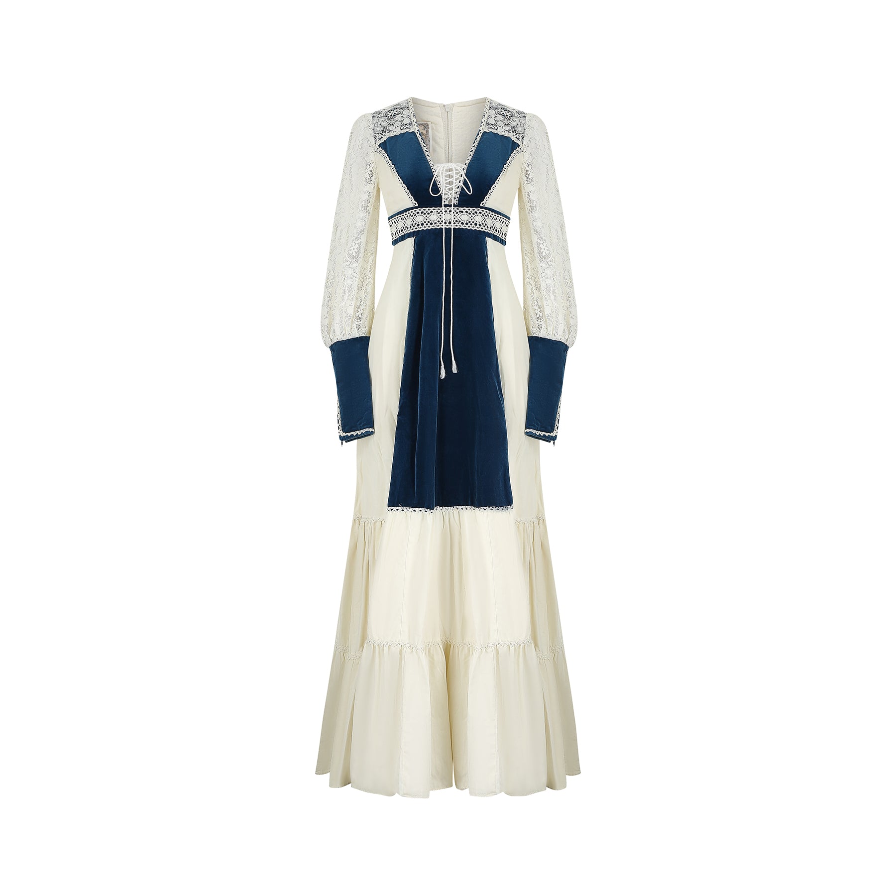 ARCHIVE: 1970s Gunne Sax Cotton Lace and Teal Velvet Dress